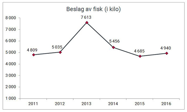 Beslag av fisk i kilo gjort av Tolletaten 2011-2016.
